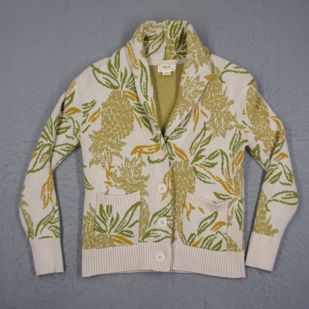 Maeve Anthropologie Pineapple Cardigan Sweater XS Green Yellow Cotton OB1303615